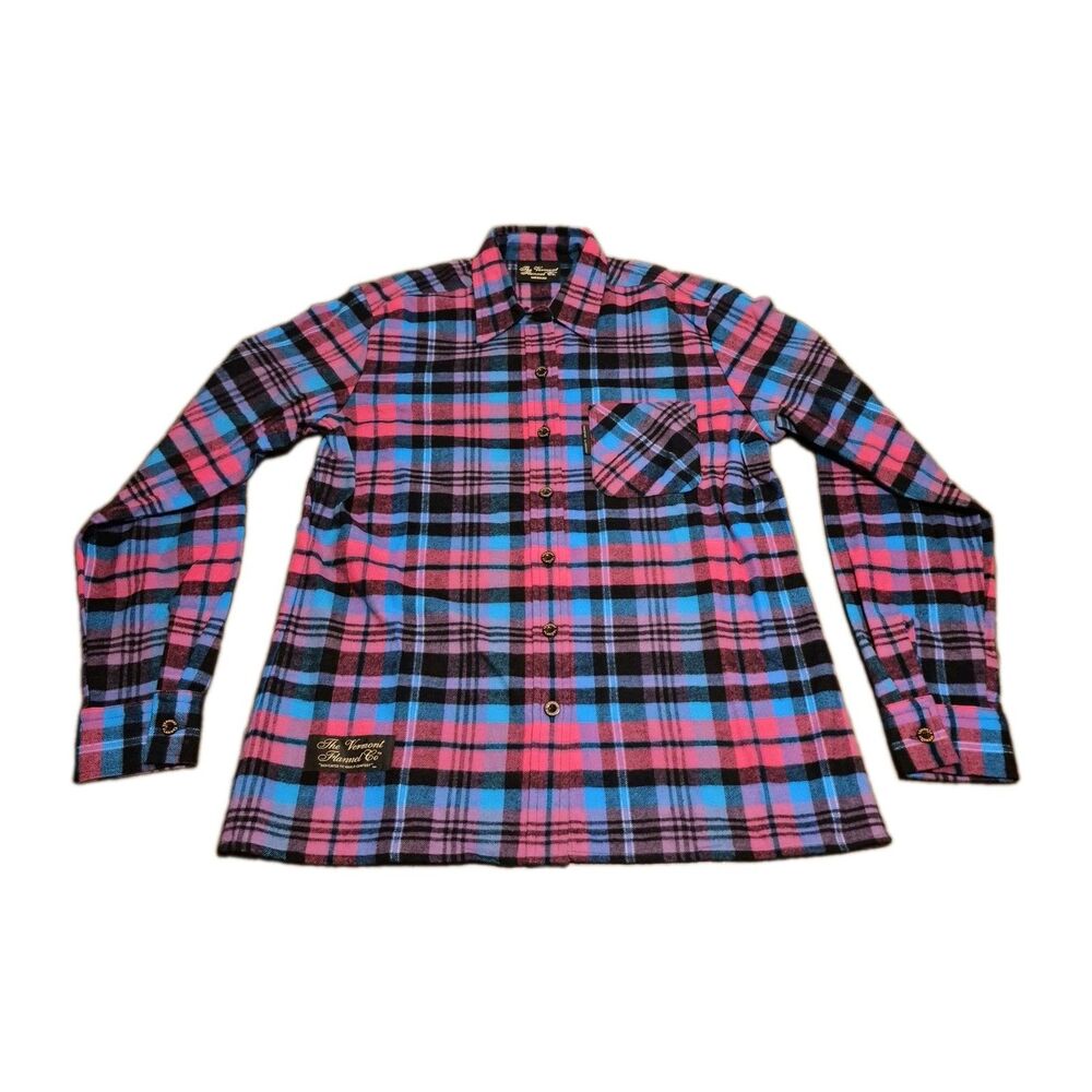 Vermont Flannel Company Women Size M Pink Blue Plaid Button Up Shirt Made In USA